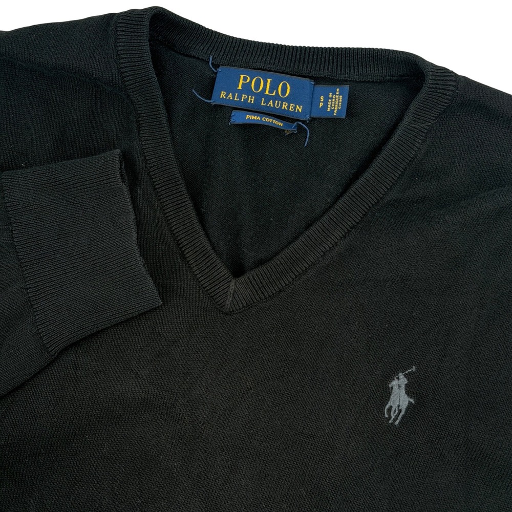 Polo Ralph Lauren Sweater Mens Small Black V-Neck Pima Cotton Slim Fit Pony Prep
